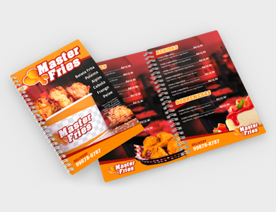 Cardápio Wire-o com 6 Páginas em PVC 0,3mm Verniz Total Frente e Verso 13,6x21,1cm - 4x4 - 10 unid